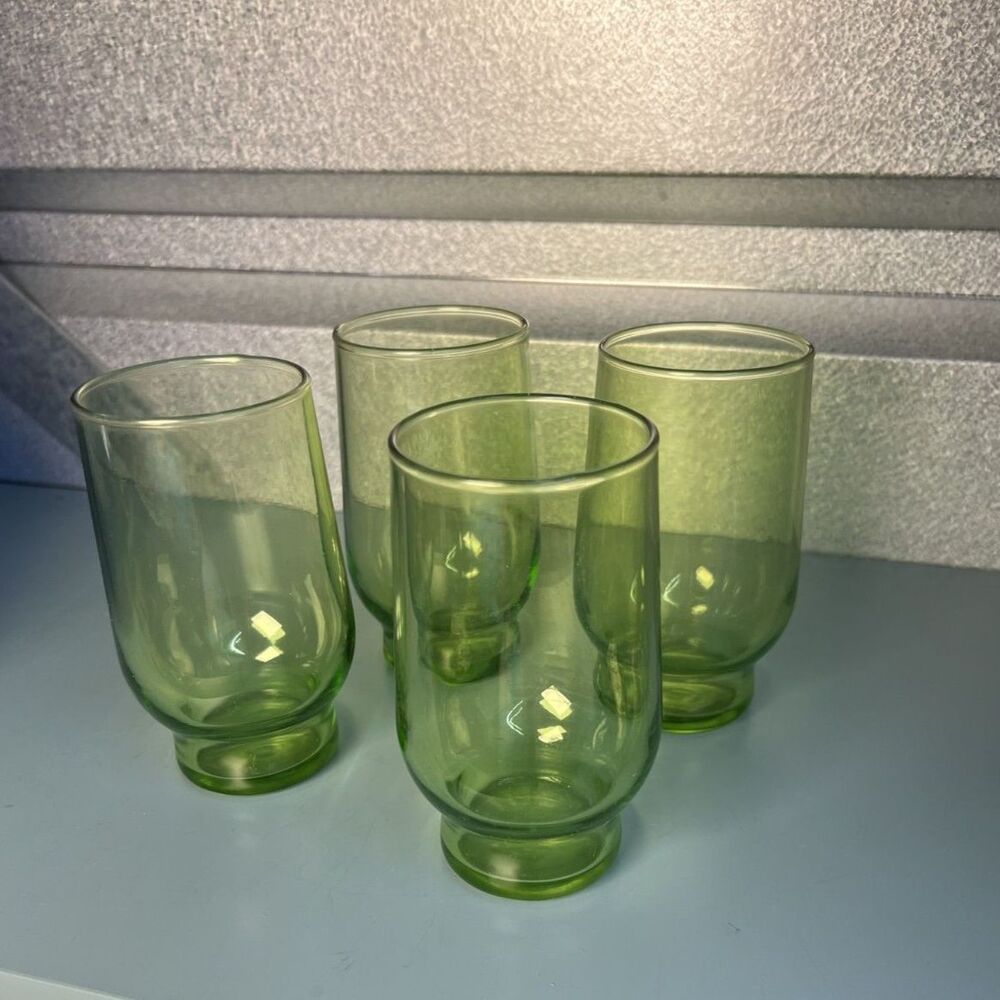 Set of 4 Vintage MCM Green Glass Tumblers – 5" Retro Bar Juice Glasses